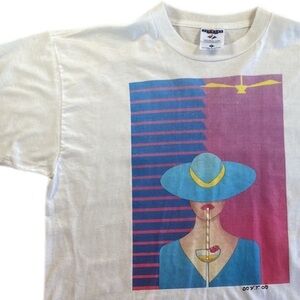 80s Vintage Art Graphic T-shirt Lady with Tropical Drink Artist Signature Size L